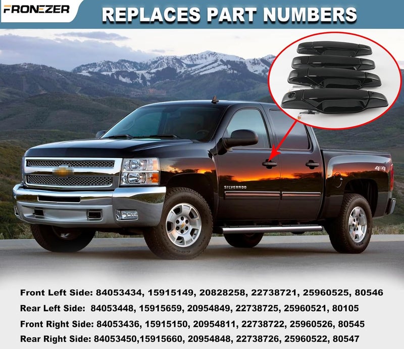 FRONEZER Exterior Door Handle, 4PCS Black Front Rear Driver Passenger Compatible with 2007-2014 Chevy Silverado Suburban Avalanche Tahoe, GMC Sierra Yukon Cadillac Escalade Replace 20828258 22738721 - Image 3